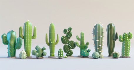 3D delightful and heartwarming sketchnote of cactuses white background