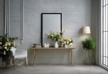 Fototapeta na wymiar composition white 3d wall poster render brick poster interior white Mock flowers