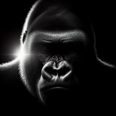 A Gorilla in front portrait, with the rim light. black and white