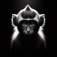 A monkey in front portrait, with the rim light. black and white