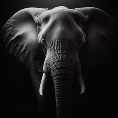 A elephant in front portrait, with the rim light. black and white