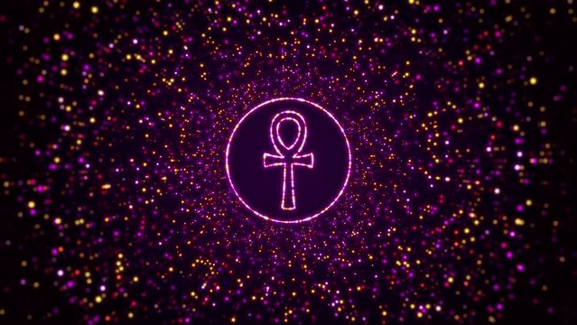 Digital Space Opener Dark Shiny Purple Yellow Glowing Ankh, Key Of Life Ancient Egypt Symbol Inside Circle Border Frame With Glitter Sparkle Dots And Lines