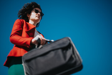 Professional businesswoman in a red blazer carrying a briefcase under the clear blue sky signifies...