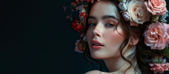 Naklejka premium A young lady with a colorful flower crown adorning her head, displaying a symbol of beauty and nature