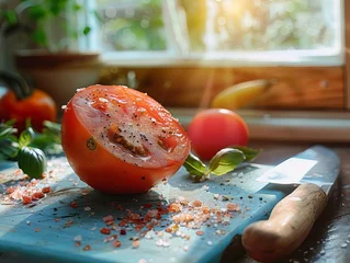 Foto op Canvas A halved red ripe tomato with juicy pulp and a sprinkle of flaky sea salt, nestled on a light blue block A vintage paring knife rests beside it Blurred background of a kitchen window overlooking a vib © INT888