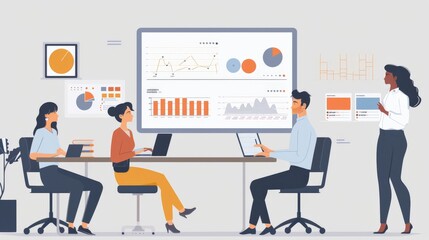 success as a capable man and woman, along with three colleagues, present analytics reports in a modern office space. This collaborative effort showcases the dedication and professionalism of the team