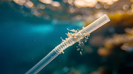 Fotobehang Close up of Plastic Straw Breakdown Showcasing Microplastic Pollution and Environmental Damage © vanilnilnilla