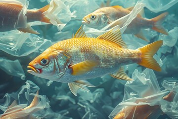 Naklejka premium Underwater School of Fish Surrounded by Plastic Pollution in the Ocean