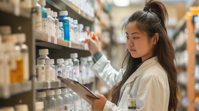 With her long hair pulled back into a ponytail and a clipboard in hand a female chemist stands in front of a row of labels carefully choosing the next ingredient for her experiment. .