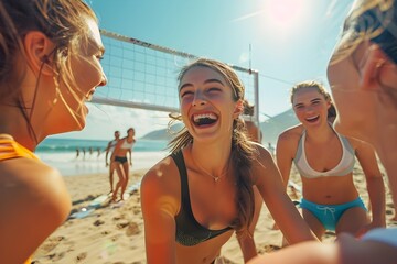 Joyful Friends Playing Beach Volleyball Under Shining Sun and Crashing Waves