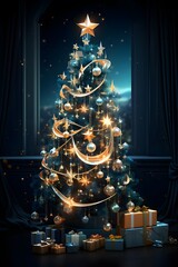 Christmas tree with golden lights and presents, 3d illustration, horizontal
