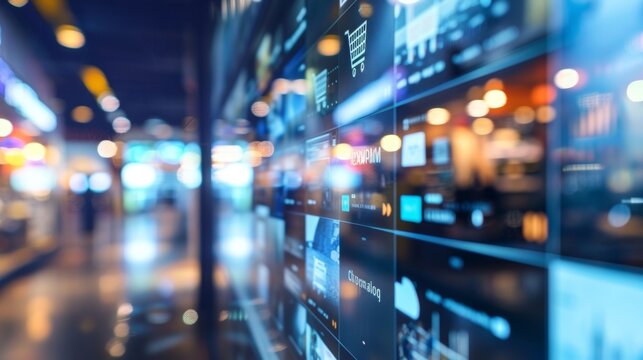 A blurred backdrop of a modern office with screens displaying various ecommerce platforms and websites capturing the shift towards a predominantly digital shopping experience. .