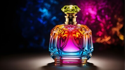 Obraz na płótnie Canvas perfume bottle on black, A vibrantly colored perfume bottle is illuminated.
