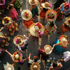 High angle view of a festive Cinco de Mayo street dance, participants dressed in floral themed attire