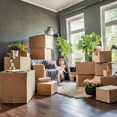 Room filled with stacks of moving boxes - obrazy, fototapety, plakaty