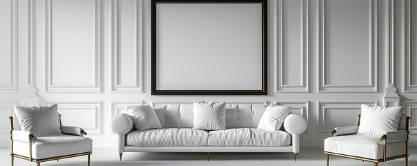 Black frame mockup in classic white interior with modern furniture