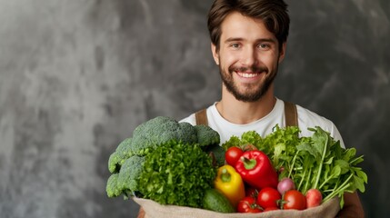 Man holding fresh vegetables with a broad smile, promoting a healthy lifestyle and nutrition, Concept of organic farming, wellness, and vitality - obrazy, fototapety, plakaty