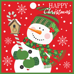 Christmas card design with cute snowman, candy cane and ird house