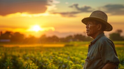 Naklejka na ściany i meble Under the golden glow of the setting sun a farmer pauses from his work to take in the beauty of his lush fields a sense of contentment evident in his tired but satisfied expression. .