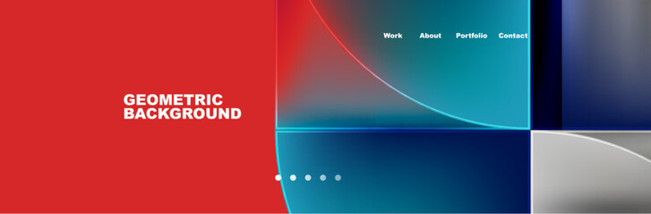 A graphic design featuring squares and circles in red, blue, and white against an electric blue background, reminiscent of a computer display device showcasing vibrant technology and modern graphics