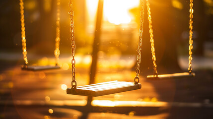 An empty swing set at sunset, with the swings gently moving in the breeze. The warm glow of the setting sun casts long shadows. 32k, full ultra hd, high resolution - obrazy, fototapety, plakaty
