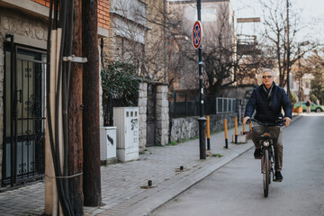 An older gentleman cycles down a peaceful street, embracing active lifestyle and urban cycling. A...