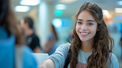 Cheerful Young Woman Smiling with Bright Eye Contact in Casual Attire, Greeting Gesture in Social Setting, Concept of Friendliness and Approachability - obrazy, fototapety, plakaty