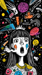 black and white sketchy illustration of a girl with bright colored shapes and punctuation marks coming out of her mouth