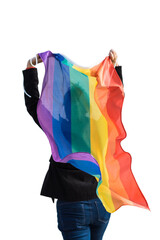 Back view of a lesbian activist waving a LGBT rainbow flag over transparent background