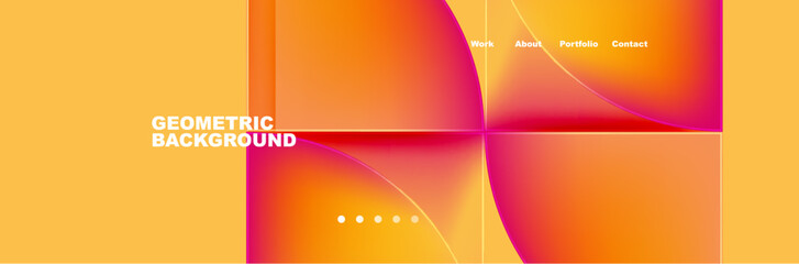 Vibrant geometric shapes like squares and circles in shades of magenta, electric blue, and amber on a sunny yellow background create a symmetrical and colorful pattern