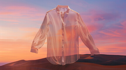An ethereal, sheer fabric blank mockup shirt floating against the vibrant, surreal colors of a desert sunset, blending the beauty of nature with high fashion. 32k, full ultra hd, high resolution