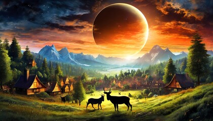 A captivating scene after a solar eclipse has transformed the forest animals and landscape behind a quaint, small town