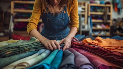 Focused woman sorting various colorful fabric bolts in a craft shop, representing creativity and small business concept