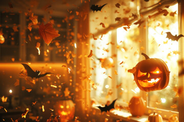  Magical Halloween Night with Jack-o'-Lantern and Flying Bats in a Festively Decorated Room