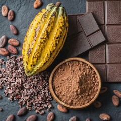 fresh cacao pod, cocoa powder and cocoa nibs