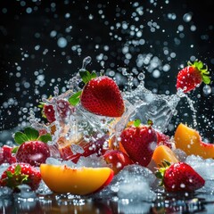 strawberries and peach with ice explosion on a dark background, 