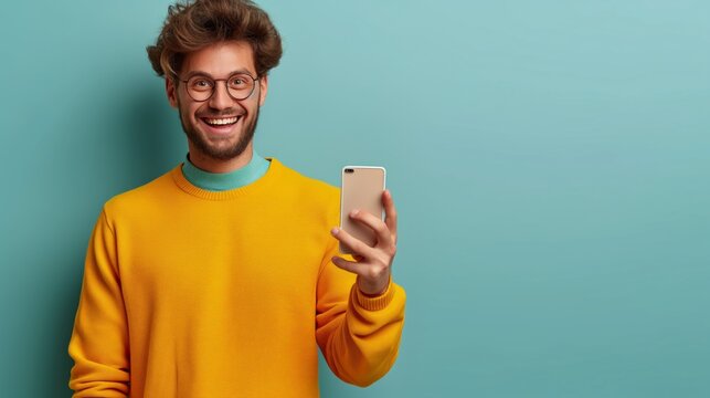 Joyful young man with glasses using smartphone wearing vibrant yellow sweater, Concept of technology, connectivity, and modern lifestyle - Powered by Adobe