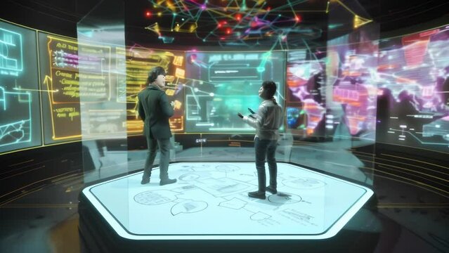 Vibrant virtual whiteboards surround a futuristic pod, where experts collaborate on immersive holographic projections. 