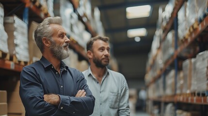 Senior and middle-aged businessmen evaluating inventory in a warehouse, concept of leadership and teamwork in business operations