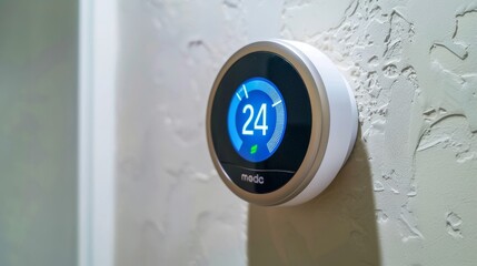 Closeup of a smart thermostat installed on a wall using AI to analyze the residents daily routines and adjust temperature settings for maximum energy efficiency and comfort. .