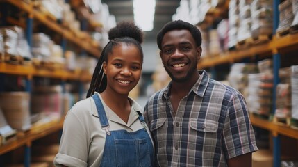 Smiling couple posing in a warehouse, concept of teamwork and small business partnership