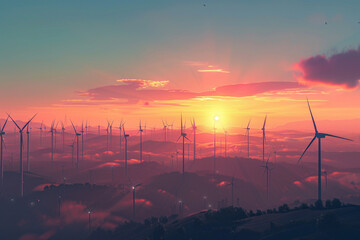 A 3D visualization of a wind turbine field at sunrise with the turbines blades gently turning