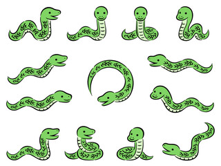 筆描き調の緑の蛇のイラストセット