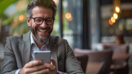Laughing businessman using smartphone in a cafe, concept of technology in everyday life and business on the go