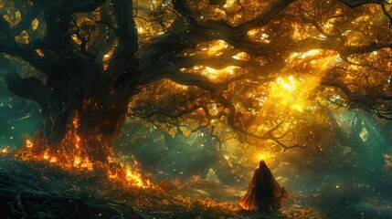 mage calls forth the essence of fire, the primeval power illuminating the gnarled branches with a dancer's grace. - obrazy, fototapety, plakaty