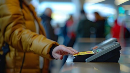 A blurred image of a hand holding a contactless card as it effortlessly taps against a payment terminal. In the background a line of customers can be seen waiting in front of a touchless .