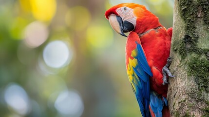 Vivid scarlet macaw perched on a tree in natural habitat, concept of wildlife conservation and tropical biodiversity