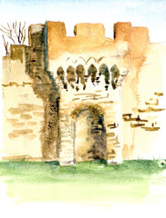 Avignon, France, city wall tower, watercolor travel sketch