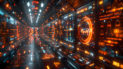 a digital futuristic background with glowing data panels and cyberpunk elements 
