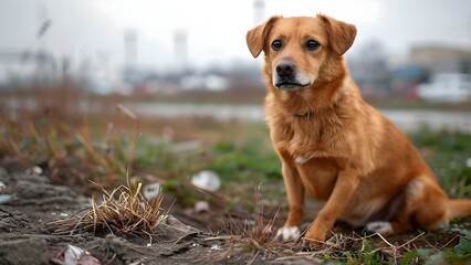 Stray dogs forage for food in landfill shedding light on abandoned pets. Concept Animal welfare, Abandoned pets, Stray animals, Landfills, Pet rescue